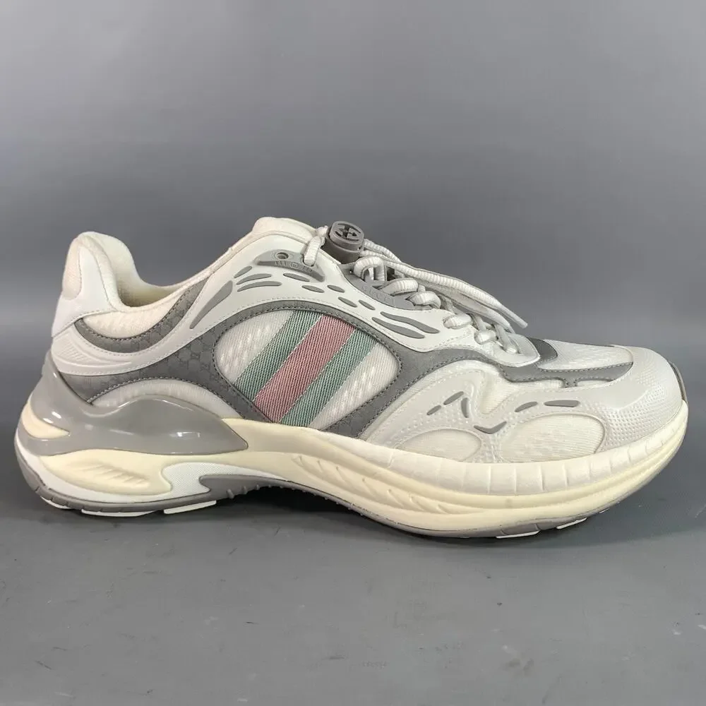 GUCCI Size 11.5 White Grey Leather Lace Up Sneakers